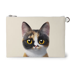 Mayo the Tricolor cat Leather Flat Pouch