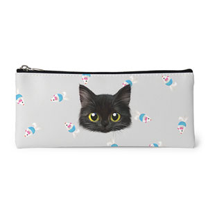Ruru the Kitten’s Mouse Toy Face Leather Pencilcase (Flat)